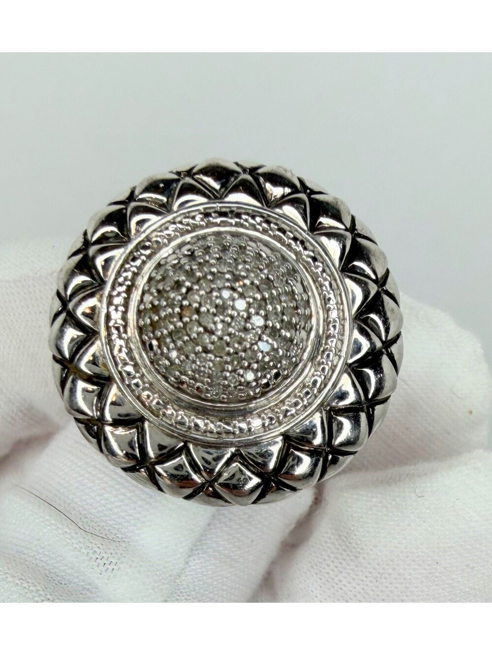 Dome Flower Sterling Silver Pave Diamond Dragon Scale Naga Ring Size 6